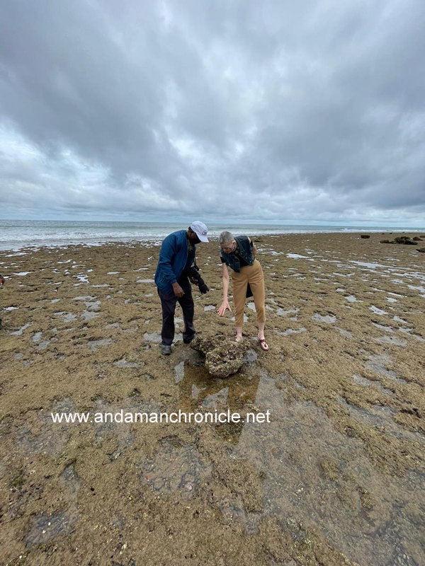 U.S. Consul General in Chennai Judith Ravin interacts with Zoological Survey of India scientist Dr. C. Sivaperuman to observe inter-tidal marine species at Burmanalla Beach on Wednesday, February 16.  